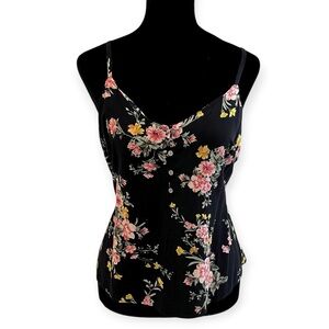 🧁old navy black and pink floral button up cami tank topboho indie hippie y2k